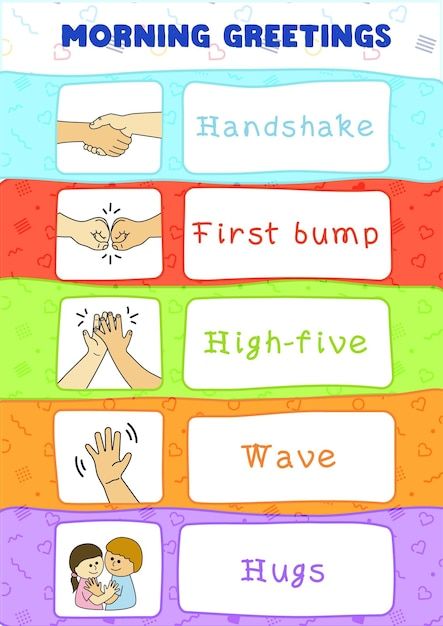 Classroom morning greetings hug hand sha... | Premium Vector #Freepik #vector #teacher-cartoon #teacher #teacher-student #english-kids Greeting Students At The Door, Classroom English For Students, Preschool Greetings, Greetings Activities For Kids, Morning Greetings For Classroom, High Five Drawing, Class Greetings, Classroom Greetings, Greetings English