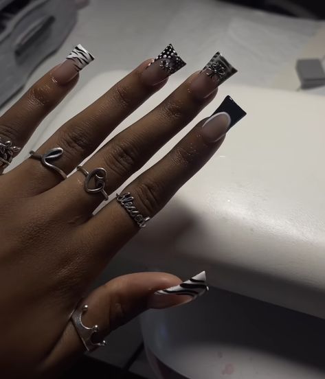 Silver Rings On Hand Aesthetic, Nail And Ring Aesthetic, Short Duck Nails Acrylic Y2k, James Avery Rings Aesthetic, James Avery Rings, Hard Nails, Duck Nails, Colored Acrylic Nails, French Tip Acrylic Nails