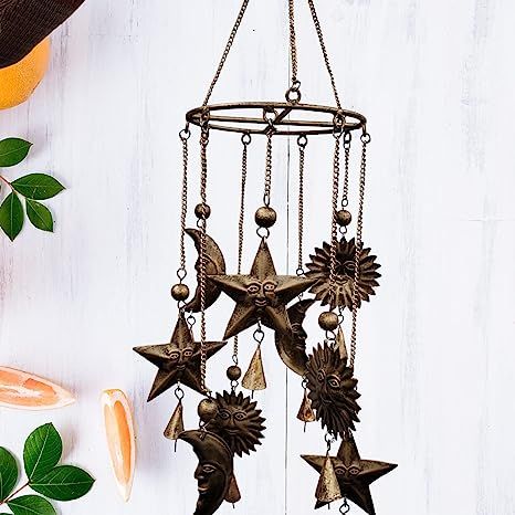 Moon Hanging, Bell Sound, Beads Style, Whimsy Goth, Bronze Material, Boho Garden, Decor 2024, Room Redesign, Sun Moon Stars