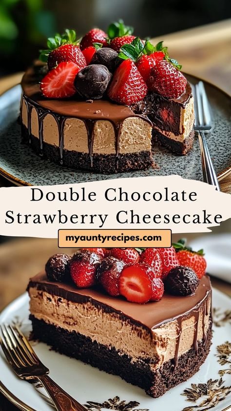 Treat yourself to our Decadent Double Chocolate Strawberry Cheesecake Delight! This luscious dessert layers rich chocolate cheesecake with fresh strawberries, creating a perfect balance of flavors. The chocolate crust adds a delightful crunch, making every bite a heavenly experience. Ideal for special occasions, this cheesecake is a true showstopper that will impress your guests and satisfy your sweet cravings! Fresh Strawberry Topping, Cheesecake Delight, Showstopper Dessert, Chocolate Strawberry Cheesecake, Strawberry Cheesecake Recipe, Chocolate Strawberry Cake, Cheesecake Toppings, Dessert Recipies, Chocolate Crust