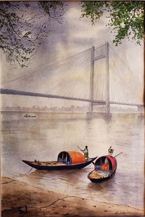 Bangladesh Aesthetic Art, Kolkata Watercolor Painting, Watercolor Scenery Drawing, Watercolor Paintings Scenery Easy, Composition Painting Watercolour, Watercolour Scenery Painting, Easy Composition Painting, Village Composition Painting, Creative Composition Painting Ideas