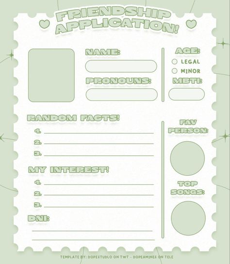 Fill Out Sheet, Oc Fill Out Sheet, Friendship Application, Template Tiket, Friend Application, Slam Book, Twitter Template, About Me Template, Character Sheet Template