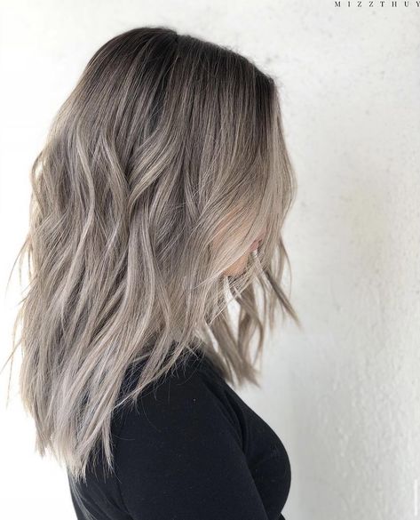 Dark Ash Blonde Lowlights, Medium Length Haircut Ash Blonde, Ashy Blonde Shoulder Length Hair, Ash Blonde Foils On Brown Hair, Icy Mushroom Blonde Hair, Balayage Hair Mushroom Blonde, Solid Hair Color Ideas Blondes, Ashy Blonde Dimensional Hair, Soft Ash Blonde Balayage