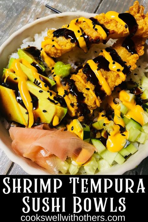 shrimp tempura on a sushi bowl Tempura Shrimp Sushi Bowl, Tempura Shrimp Dinner Sides, Shrimp Tempura Dinner Ideas, Tempura Shrimp Bowl, Tempura Bowl, Sushi Toppings, Shrimp Sushi Bowl, Shrimp Tempura Sushi, Tempura Sushi