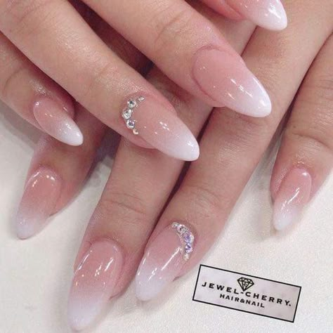 French Ombre Nails Almond Wedding, Wedding Nails With Jewels, Nails Jewels Design, Ombre Nails With Jewels, Sparkly Spring Nails, Bridal Nails Ideas, Jewels On Nails, Bride's Nails, Brides Nails