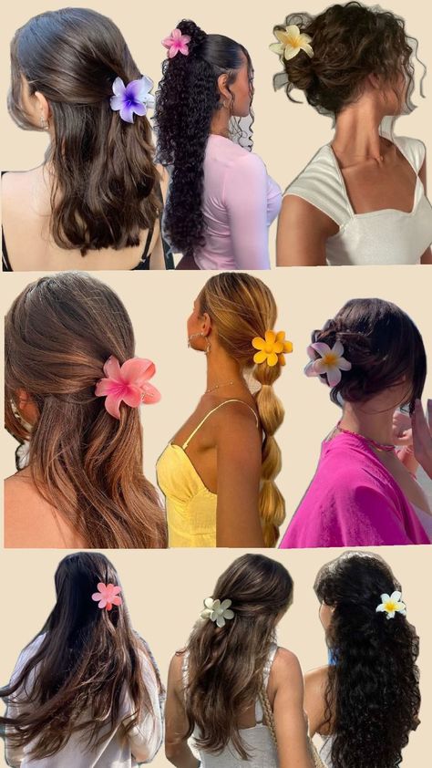 They look gorgeous with these hair clips Long Hair With Butterfly Clips, Flower Clawclip Hairstyle Long Hair, Hawaii Hair Clip, Flower Clip Curly Hair, Flower Claw Clip Curly Hair, Mini Flower Claw Clip Hairstyles, Flower In Hair Hairstyles, Flower Clip Hair, Hairstyle With Flower Clip