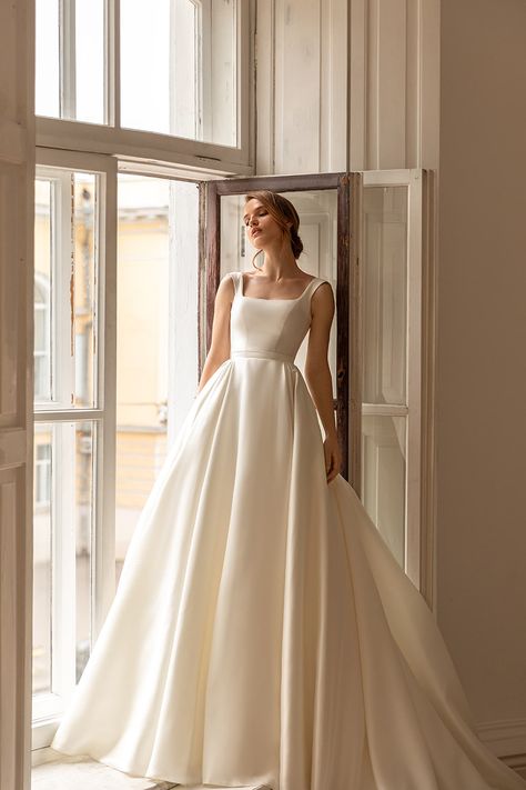 Wide Neckline Wedding Dress, Plain Wedding Dress With Sleeves, Satin Wedding Dress With Sleeves, Simple Ballgown Wedding Dress, Satin Bride Dress, Luxurious Train, Fitted Corset, Gown Silhouette, Satin Wedding Dresses