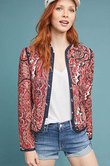 Anthropologie Waverly Quilted Jacket Red Cropped Jacket, Blue Cropped Jacket, Paisley Quilt, Bohemian Jackets, Anthropologie Style, Anthropologie Jacket, Quilt Jacket, Long Sleeve Blazers, Jacket Blazer