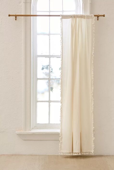 Palma Fringe Light Blocking Window Curtain | Urban Outfitters Sheer Cafe Curtains, Single Panel Curtain, Fringe Light, Urban Outfitters Curtains, Pool Bathroom, Crystal Door Knobs, Tension Rod, Curtain Ties, Cafe Curtains