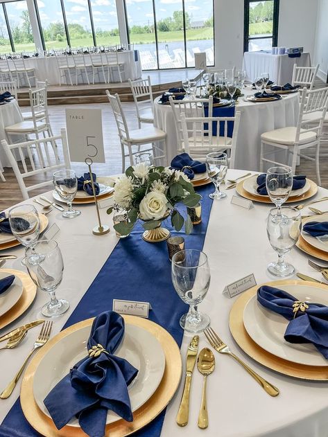 Navy And Gold Banquet Decorations, Gold Navy Wedding Decor, Navy Gold And Silver Wedding, Navy Blue And White Event Decor, Navy Blue And Gold Place Setting, Navy Gold And White Graduation Party, Navy Gold And White Wedding Decor, Navy Blue And Gold Wedding Table Setting, Navy And Gold Engagement Party