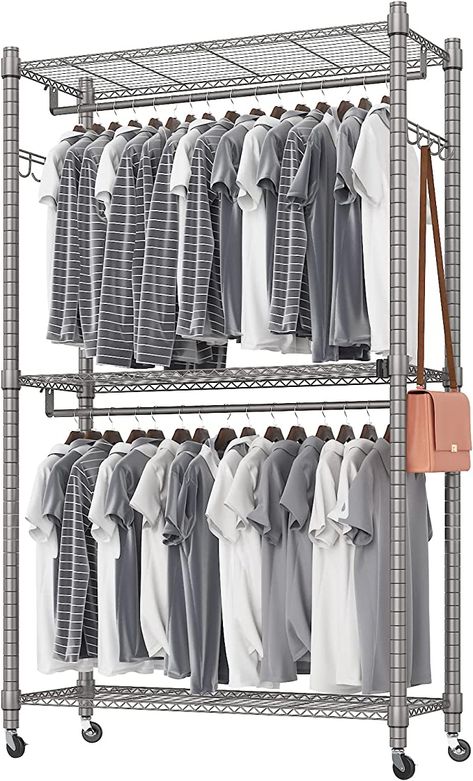 Heavy Duty Clothing Rack, Clothes Rack With Wheels, Rolling Rack Closet Ideas, Hanging Racks For Clothes, Dresser Alternative, Organize Clothing, Rolling Shelves, College Bedroom Apartment, Rolling Clothes Rack