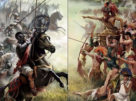 Conquistadors against the Aztecs. Aztec Goddess, The Aztecs, Warriors Art, Aztec Warrior, Mayan Culture, Spanish Art, Medieval World, Aztec Art, Mexican Art