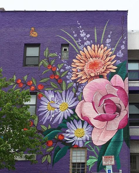 My latest mural in Evanston, IL! “Ultra Violet”, aerosol on purple painted brick. Featuring Magnolia, Aster, crabapple, lavender, and… Backyard Mural, Floral Murals, Floral Mural, Office Mural, Garden Mural, Flower Mural, Flowers Painted, Institute Of Contemporary Art, Fence Art