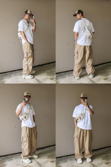 Cream Streetwear Outfit Men, Streetwear Khaki Pants Outfit, Beige Baggy Cargo Pants Outfit, Light Cream Pants Outfit, Oversized Cargo Pants Outfit Men, Cream Cargos Outfits Men, Parachute Cargo Pants Men, Cream Baggy Pants Outfit Men, Cream Sneakers Outfit Men