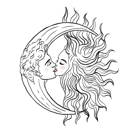 Moon And Sun Coloring Pages, Sun And Moon As People Art, Moon And Sun Kissing Tattoo, Sun And The Moon Drawing, Sun And Moon Tattoo Sketch, Sun Moon Sketch, Sun And Moon Kissing Tattoo, Moon Aesthetic Drawing, Moon Sun Drawing