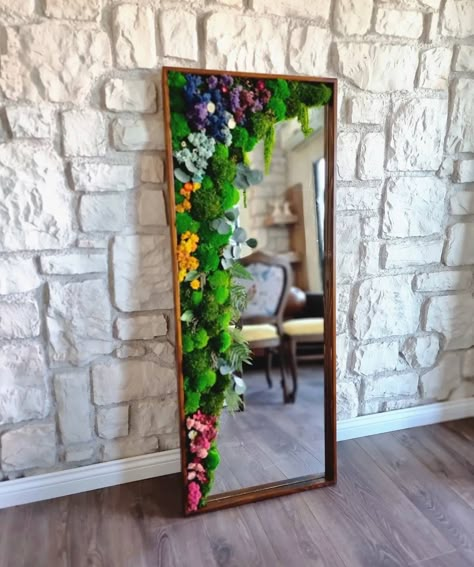 Moss Living Room, Living Room Mirror Decor, Mirror Moss, Large Rectangle Mirror, Living Room Mirror, Mirror Decor Living Room, Indoor Plant Wall, Moss Decor, Room Mirror