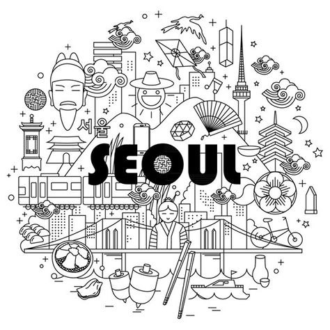 Seoul Illustration, Korean Illustration, Korean Design, City Illustration, Korean Art, Doodle Designs, Illustration Graphic Design, Line Illustration, Vintage Travel Posters