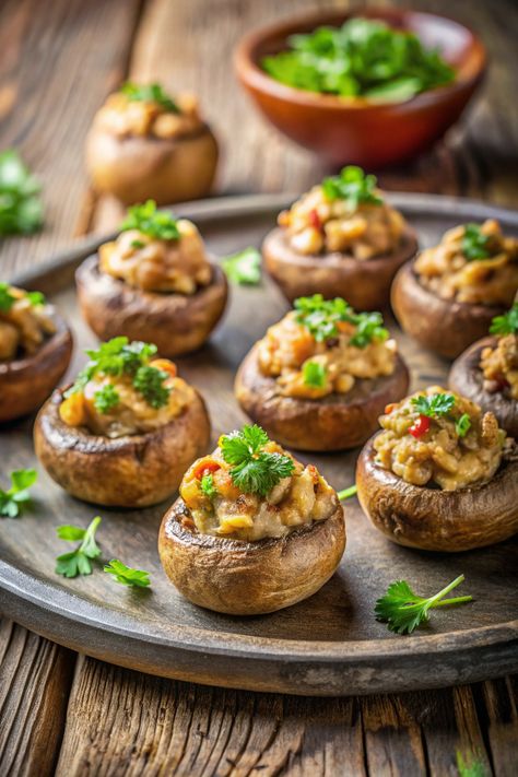 5 Ingredients for Baked Vegan Mushroom Delights Vegan Baked Veggie Balls, Stuffed Mushrooms Vegan, Baked Mushroom Recipes, Vegan Protein Snacks, Vegan Party Snacks, Veggie Balls, Mushroom Vegan, Vegan Spring Rolls, Baked Mushrooms