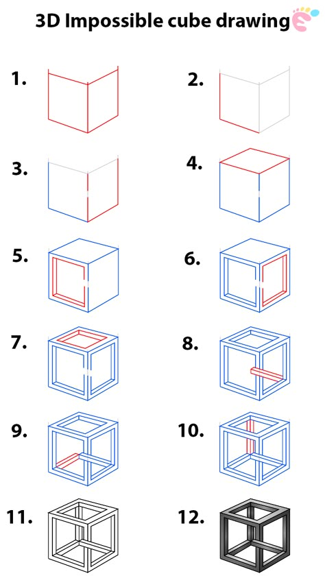 Square 3d Drawing, Impossible Shapes Step By Step, 3d Cube Drawing, Impossible Cube, How To Draw A 3d Cube, Easy 3d Drawings For Beginners, Sketch Cube, How To Draw A Rubix Cube, 3d Square Drawing