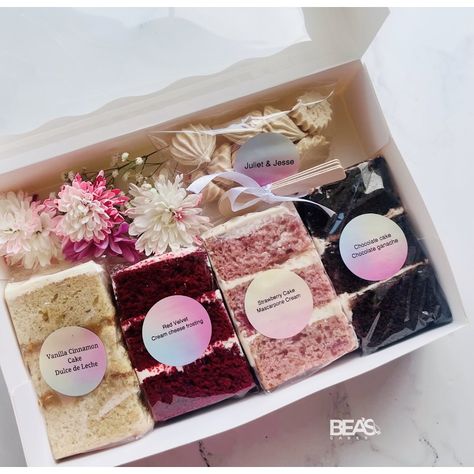 Wedding cake tasting boxes 🌸🌸🌸🌸 We carefully crafted these cake slices, using the best ingredients and all from scratch 🤍🤤 Wedding season is here! DM to get your free consultation #cakes #cakesamples #weddingcaketasting #weddingcake #caketasting Pastry Sampler Box Ideas, To Go Cake Boxes Wedding Favors, Wedding Cake Samples, Wedding Cake Sample Boxes, Wedding Cake Tasting Boxes, Baked Goods Box, Cake Tasting Boxes, Cake Slice Packaging, Cake Samples