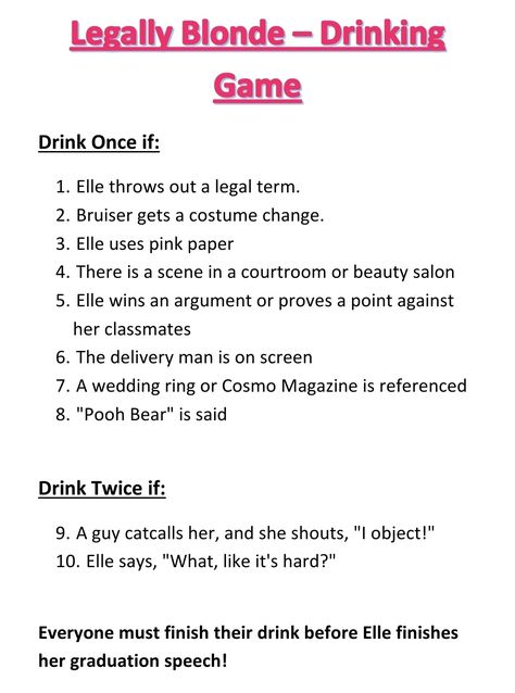 Film Drinking Games, Legally Blonde Movie Night, Drink When Games Movies, Movie Drinking Games Netflix Hilarious, Drinking Movie Games, Tv Show Drinking Games, Halloween Drinking Games, Early 2000s Movies, Legally Blonde Movie