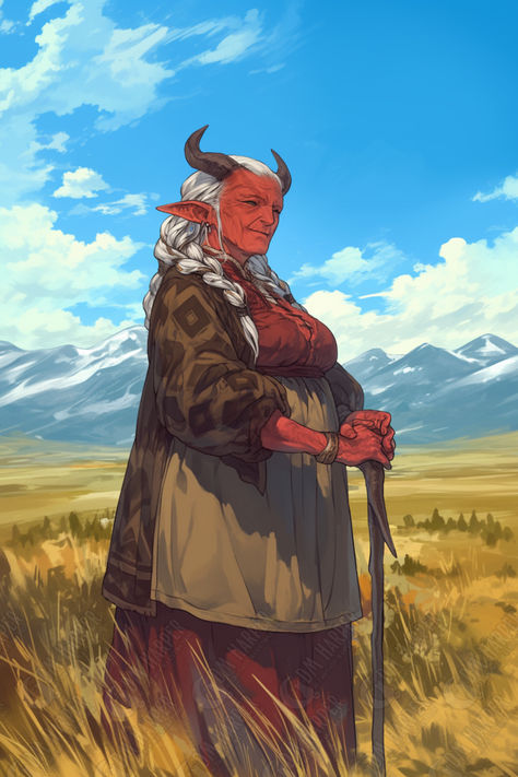 Tiefling Elder (Zoom Alt) Elder Character Design, Horn Character Design, Old Tiefling, Dnd Tiefling Character Design, Old Woman Character Design, Tiefling Female Character Design, Teifling Character Design, Female Tiefling Art, Tiefling Character Art