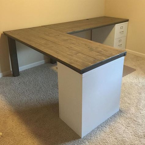 Office desk is ready to go! Husband has made the new office project find the largest whiteboard ever! Office Desk L Shape, Diy L Shaped Desk, Desk L Shape, Diy Office Desk, Instagram Office, Cheap Office Furniture, Diy Office, File Cabinets, Bedroom Desk