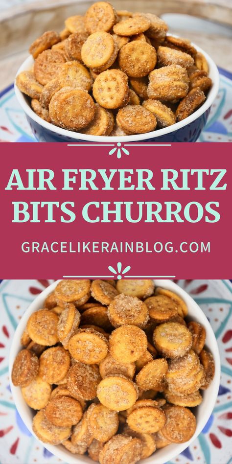 Air Fryer Ritz Bits Churros are a quick and easy snack that is perfect for game night or an after-school pick-me-up. We're coating these Peanut Butter Ritz Bits with cinnamon and sugar to give them a Spanish flair. Air Fryer Churro Ritz Bits are a great Taco Tuesday snack recipe or dessert | Mexican snacks | Mexican Desserts | Fiesta party snacks | Cinnamon Desserts | Cinnamon Sugar | Air Fryer Desserts | Air Fryer snack recipe | easy snack ideas | Air fryer easy treats | Easy snacks | Air Fryer Snack Recipes, Desserts Cinnamon, Dessert Mexican, Air Fryer Dessert Recipes, Ritz Bits, Game Night Snacks, Churro Bites, Air Fryer Dessert, Cinnamon Desserts