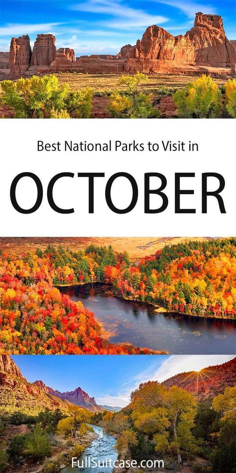 Best American National Parks to visit in October #travelideas #falltravel #nationalparks When To Visit National Parks, Zion In October, Zion National Park October, Best National Parks To Visit In October, Rocky Mountain National Park In October, Utah In October, Places To Travel In October In The Us, Rocky Mountain National Park Fall, October Vacation Destinations