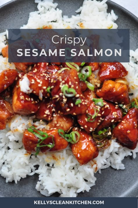 Salmon Tips Recipe, Salmon Bulgogi Recipe, Salmon Recipes Korean, Sesame Salmon Bites, Sesame Salmon Recipes, Crispy Sesame Salmon Bites, Salmon Chinese Recipe, Salmon Tail Recipes, Sticky Salmon Bites