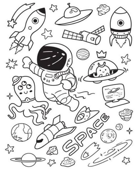 Fun space and solary system coloring pages for your little one. They're free and easy to print. The collection is varied for different skill levels. Pin it. #space #freeprintables #freecoloringpages #solarsystem #coloringpages #spacecoloringpages Doodle Art Ideas Sketches, Sky Doodles, Solar System Coloring Pages, Astronaut Drawing, Space Doodles, Doodle Doodle, Space Coloring Pages, Bff Drawings, Doodle Tattoo