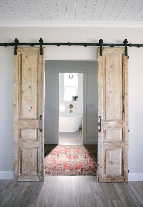 Warehouse Bathroom, Deur Ensuite, Barn Door Sliders, Antique French Doors, Sliding French Doors, Bathroom Transformation, Casa Vintage, Coastal Bedrooms, Design Websites