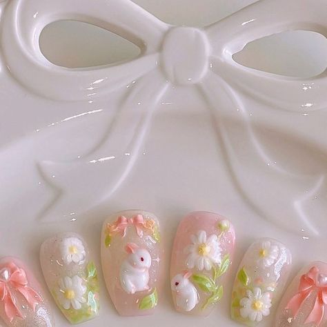 Bunny Nail Art, Cottagecore Nails, All Nails, Nails Styles, 3d Nail Designs, Bunny Nails, Daisy Nails, Stylish Nails Designs, Korean Nails