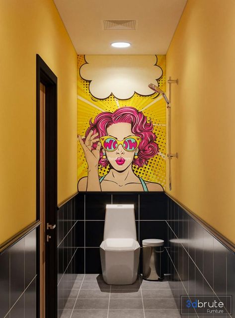 Restaurant & coffee scene 26 3dbrute Restaurant Bathroom Interior Design, Sports Bar Bathroom Ideas, Bathroom Ideas Restaurant, Cool Restaurant Bathrooms, Pop Art Restaurant, Restaurant Toilet Design, Mural Bathroom, Restaurant Bathroom Ideas, Restaurant Bathroom Design