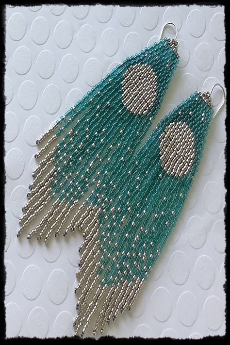 LENGTH= 4 ½"; WIDTH= 1"; SHIPS FROM Northern California, Artisan Made; Sterling Silver Ear Wire... The Palladium plated beads that form the full Moon and Stars shine and sparkle in any light while the Caribbean Teal transparent beads seem to glow from within... all very magical Full Moon And Stars, Beaded Moon, Beaded Fringe Earrings, Bead Ideas, Jewelry Design Earrings, The Full Moon, Design Earrings, Moon And Stars, Beaded Fringe