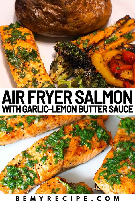 Air Fryer Salmon with a Garlic-Lemon Butter Sauce Lemon Garlic Salmon Air Fryer, Garlic Butter Salmon Air Fryer, Air Fryer Salmon Lemon, Lemon Salmon Recipes, Fried Salmon Recipes, Salmon In Air Fryer, Air Fryer Recipes Salmon, Salmon Piccata, Lemon Butter Salmon