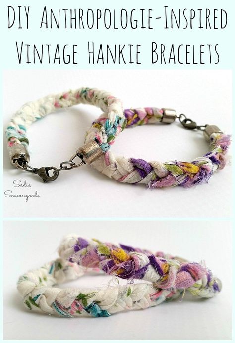 Vintage Handkerchiefs Crafts, Handkerchief Crafts, Anthro Style, Anthropologie Inspired, Fabric Bracelets, Vintage Handkerchief, Fiber Jewelry, Vintage Handkerchiefs, Braided Bracelet