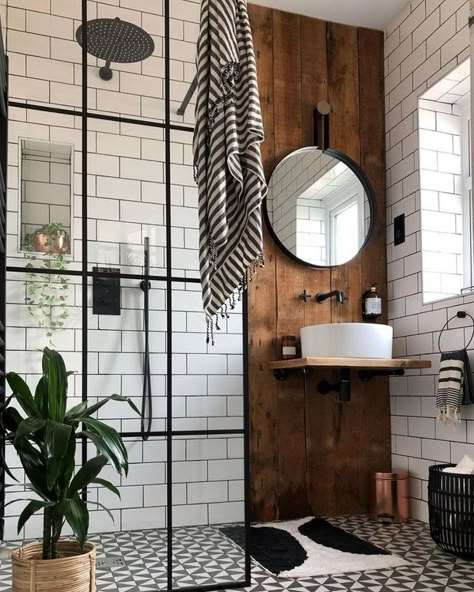 White Subway Tile Black Grout | Black Shower Bathroom Hardware Faucets | Rustic Wood Bathroom Elements Industrial Bathroom Design, Bad Inspiration, Wood Bathroom, White Tiles, White Bathroom, Shower Room, Cheap Home Decor, Bathroom Makeover, Bathroom Inspiration