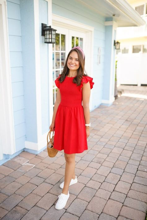 Red Summer Dress Outfit, Red Dress Outfit Casual, Red Outfit Casual, Fourth Of July Outfit Ideas, July Outfit Ideas, Red Dress Casual, Fourth Of July Outfit, Dress And Sneakers Outfit, Cute Red Dresses