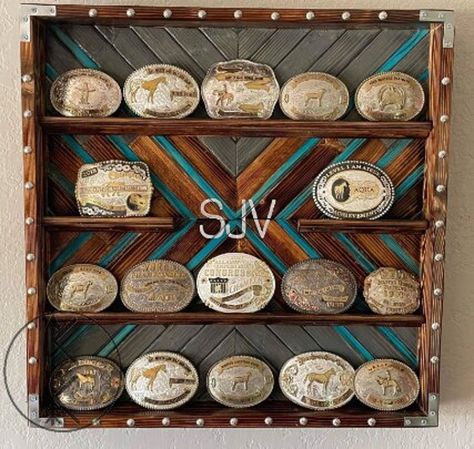 Buckle Display Case 24x24 - Etsy Western Buckle Display Case, Buckle Rack, Ffa Projects, Buckle Display Case, Belt Buckle Display, Buckle Display, Trophy Shelf, Western Room, Ranch House Decor