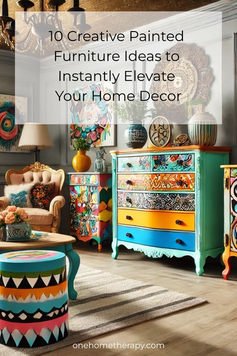 Transform your home with a splash of color! 🎨 Discover "10 Creative Painted Furniture Ideas to Instantly Elevate Your Home Decor." From vintage chic to modern elegance, find inspiration that suits your style. Click to learn more and give your furniture a stunning makeover today! #DIY #HomeDecor #CreativeFurniture #PaintIdeas ✨  Ready to get started? Read the full post now and bring new life to your space! 🏡 Styles Of Furniture, Painted Furniture Ideas, Creative Painted Furniture, Bright Sofa, Expensive Decor, Patterned Furniture, Chic Coffee Table, Entryway Inspiration, Bold Decor