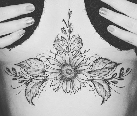 Underbreast Tattoo Sunflower, Daisy Tattoo Sternum, Sternum Sunflower Tattoo, Sunflower Tattoo Sternum, Sunflower Chest Tattoo Female, Sunflower Chest Tattoo, Plus Size Sternum Tattoo, Sunflower Sternum Tattoo, Sunflower Rib Tattoo