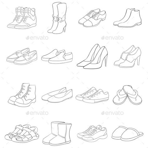 Shoe Icon Set Outline Simple Shoe Drawing, Shoes Illustration Drawing, Shoes Drawing Easy, Shoe Outline, Drawing Hacks, Shoe Template, Women's Retreat, Shoes Illustration, Pastel Sec