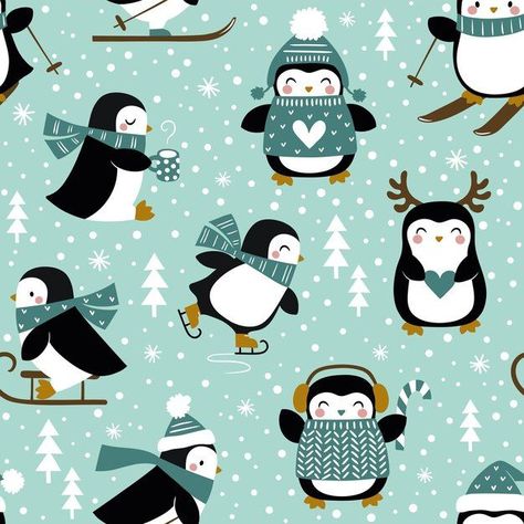 Seamless winter vector pattern with cute penguins and snowflakes. Perfect for winter themed designs, packaging, wrapping paper, textiles, stationery, greeting cards, and Penguin Illustration, Mint Background, Textile Wallpaper, Happy Holiday Cards, Doodle Coloring, Kids Fabric, Christmas Penguin, Cute Penguins, Christmas Illustration