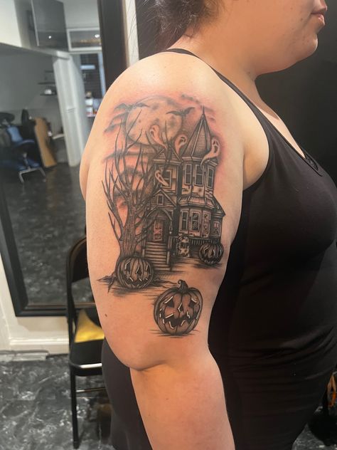 Haunted House Sleeve Tattoo, Tat Sleeve, Haunted House Tattoo, Neat Tattoos, Snow Tattoo, Friendship Tattoo, Tato Tradisional, House Tattoo, Lantern Tattoo