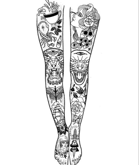 Leg Template For Tattoo, Peggy Gou Tattoo, Leg Template, Traditional Tattoo Leg Sleeve, New Tattoo Styles, Traditional Tattoo Drawings, Traditional Style Tattoo, Sailor Jerry Tattoos, Muster Tattoos