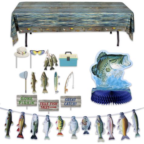 PRICES MAY VARY. HONOR THE SPORT THEY LOVE ON THEIR SPECIAL DAY! Full Fishing Party Decorations in a snap. Great for Birthdays, Tournaments, Retirement, Graduation, Welcome Home, Vacation, and Family Reunion Parties. Realistic Fish and Fishing Details in this fabulous collection. BIG BASS CENTERPIECE – Great focal point for the party table, this Centerpiece is 14” Tall and 11.5” wide—A Monster Bass Jumping out of the water! Super easy to set up: Honeycomb tissue and cardboard base unfold, formin Bass Fish Cake, Fishing Party Decorations, Fish Centerpiece, Fish Banner, Fishing Themed Birthday Party, Fishing Birthday Party, Catch Of The Day, Fishing Party, Fishing Birthday