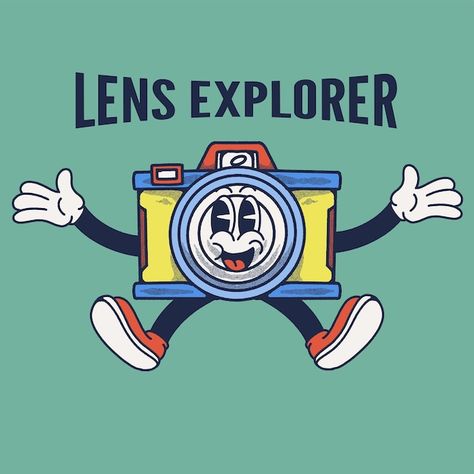 Vector lens explorer with camera groovy ... | Premium Vector #Freepik #vector #camera-lens #camera-cartoon #magnifying-glass #camera Camera Cartoon, Camera Illustration, Baby Cartoon Drawing, Cartoon Shirts, Old Cartoons, Vintage Cameras, Baby Cartoon, Graphic Design Poster, Flat Illustration