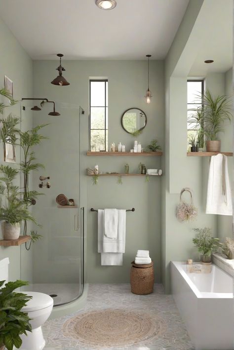 Explore a daily interior designer routine infused with the refreshing Garden Patch (BM 2145-30) hue. Elevate your cozy bathrooms with professionally painted accents inspired by nature's beauty. #Ad #homedecor #homedesign #bathroom #Painthome interiorarchitecture best Wall Colors for Bathroom Colors Bright Room Colors best colors combinations bathroom bathroom Remodeling Modern Paint Colors 2024 Bathroom Colored Walls, Cool Bathroom Colors, Nice Bathroom Colors, Bathroom With Personality, Fun Bathroom Wall Colors, Sage Bathroom Color Scheme, Green Wall Paint Bathroom, Fun Bathroom Remodel, House Interior Natural Colors