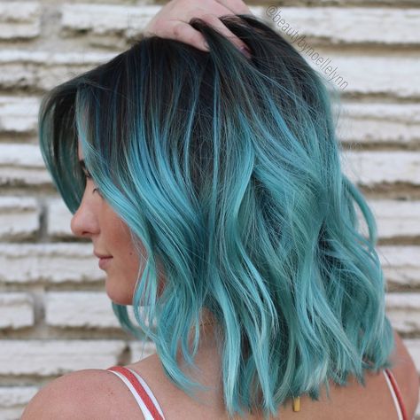 Teal Ombre Short Hair, Black And Teal Hair Ombre, Teal Hair Color Ombre, Hair Color Green Blue, Black With Teal Highlights, Black And Blue Ombre Hair Short, Blue Teal Hair Ombre, Teal Hair Balayage, Teal Balayage Short Hair